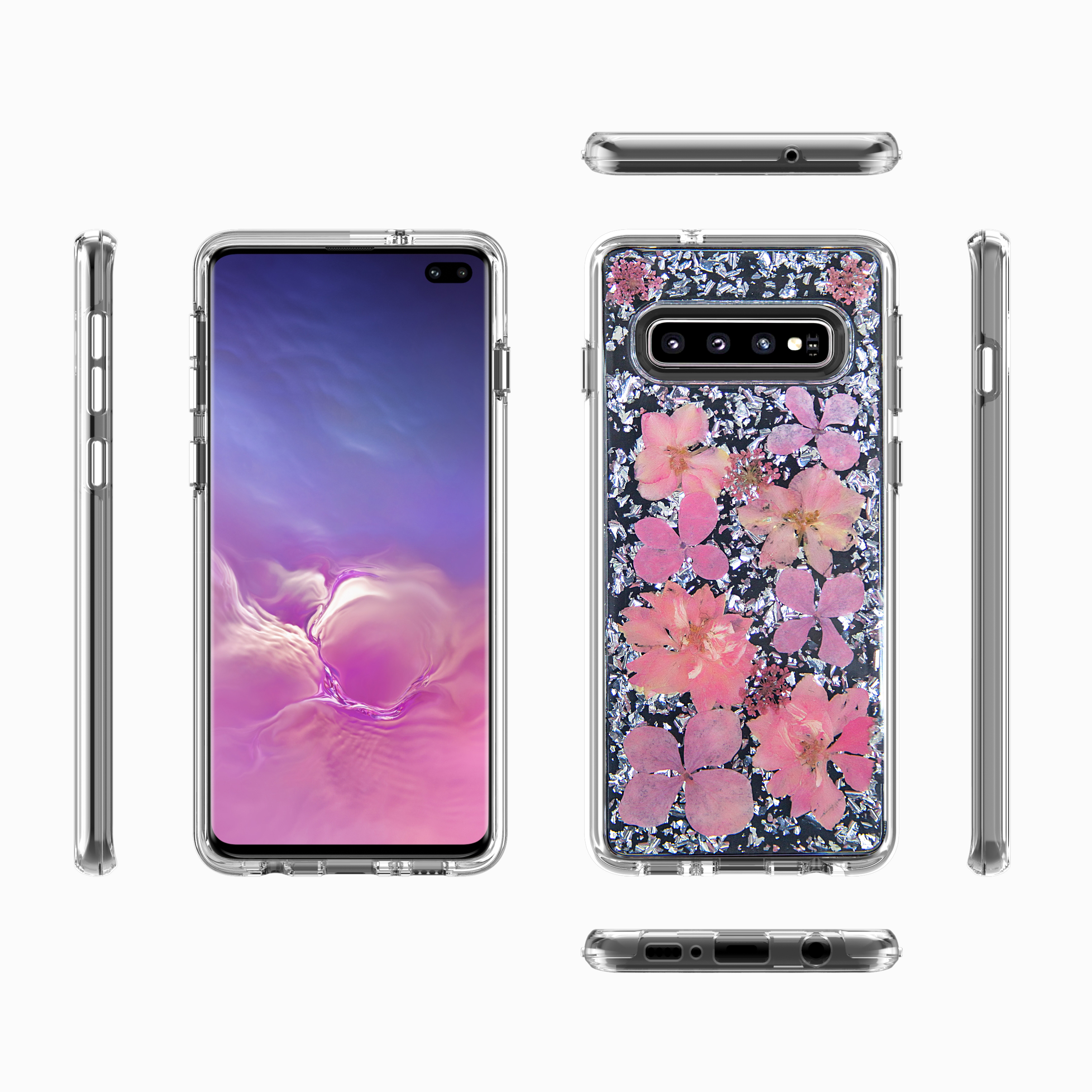 Galaxy S10e Luxury Glitter Dried Natural Flower Petal Clear Hybrid Case (Silver Pink)